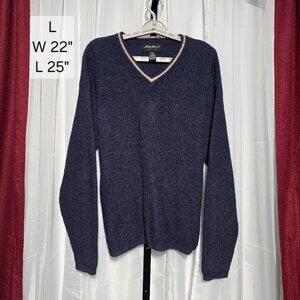 Eddie Bauer Sweater Mens Large Blue Lambswool Blend V-Neck Tipped Pullover Warm
